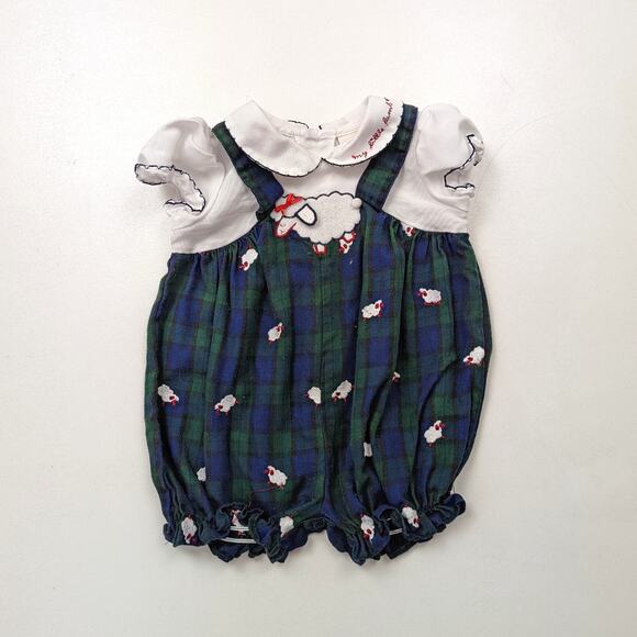 Vintage BT Kids Romper Baby Girls Sz 6-9m Blue Plaid Sheep Bubble Outfit - Picture 1 of 4